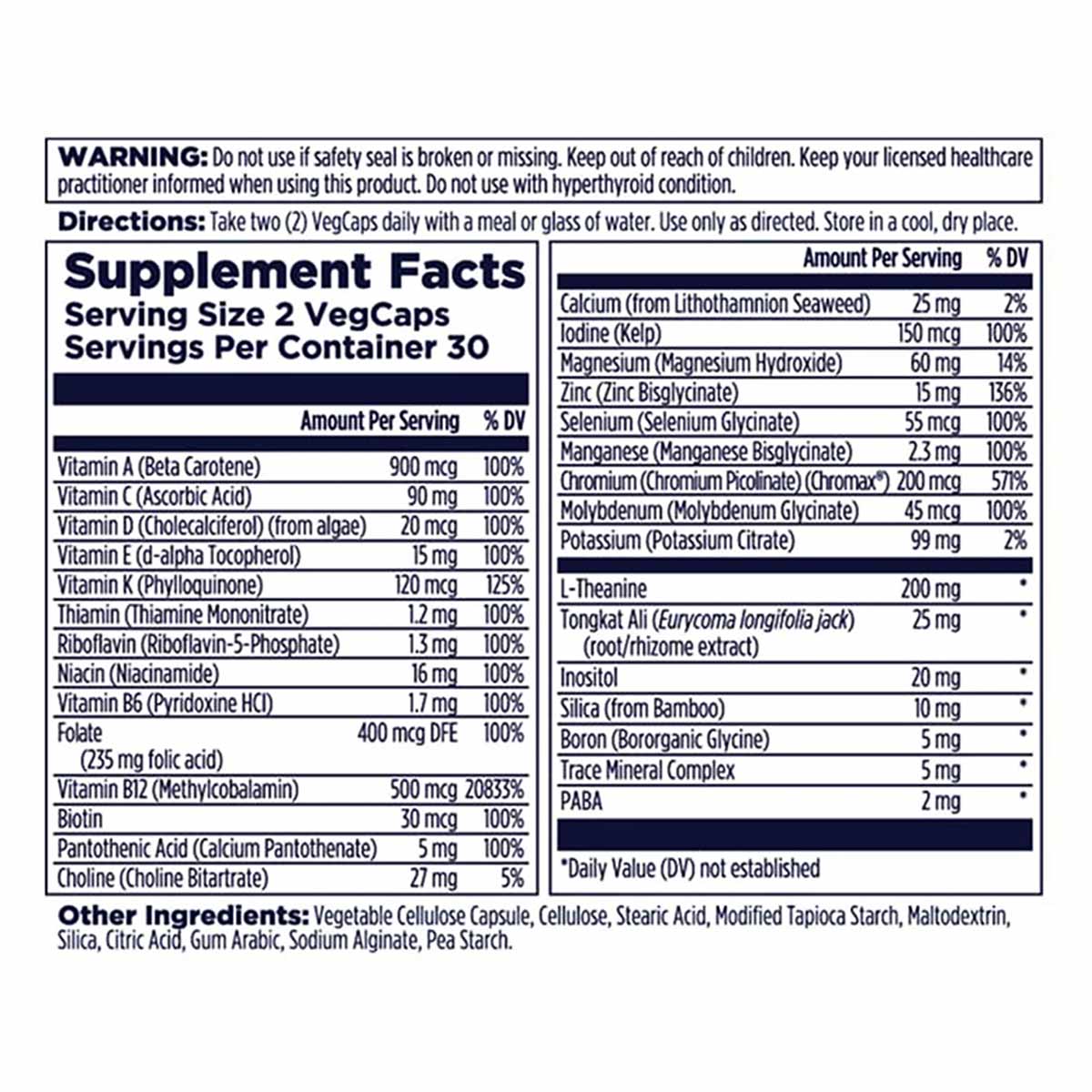 Supplement Facts label for Men 18+ Multivitamin by Kal showing serving size, vitamin and mineral content, and ingredients.