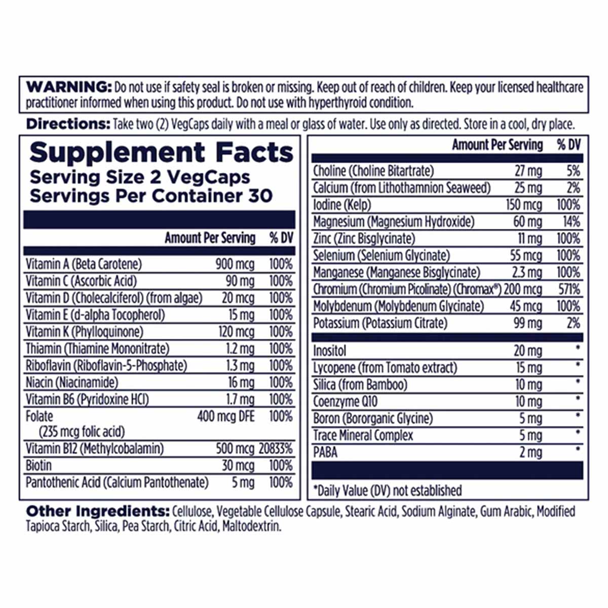 Supplement Facts label for Kal Men 50+ Multivitamin VegCaps showing serving size, vitamin and mineral content, and usage inst