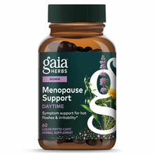 Gaia Herbs Menopause Support Daytime bottle with dark green cap containing 60 liquid phyto-caps herbal supplement.