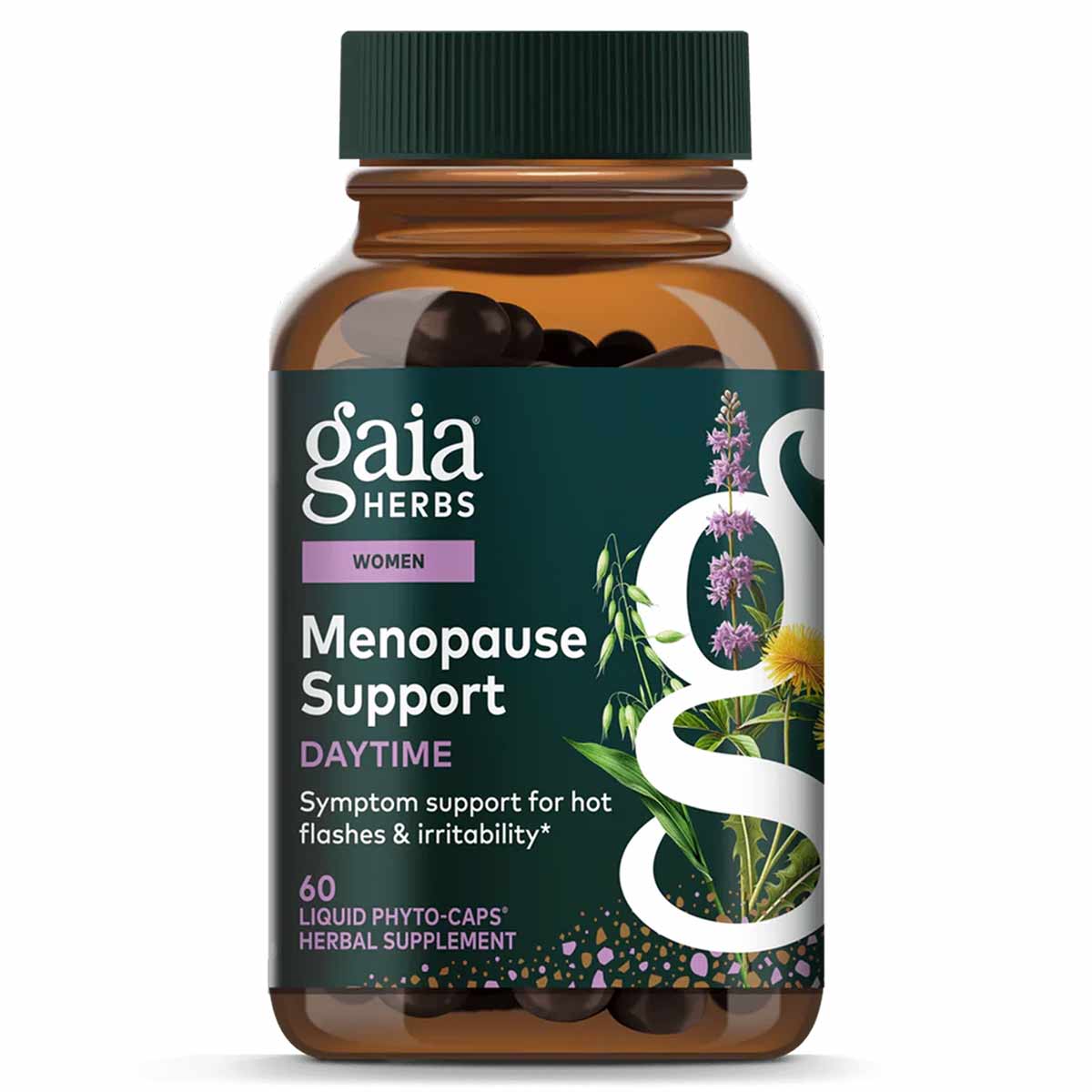 Gaia Herbs Menopause Support Daytime bottle with dark green cap containing 60 liquid phyto-caps herbal supplement.