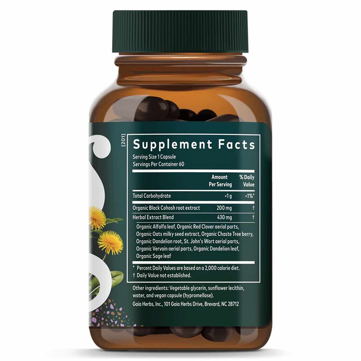 Gaia Herbs Menopause Support Daytime supplement bottle with green cap containing dark capsules and ingredient label.