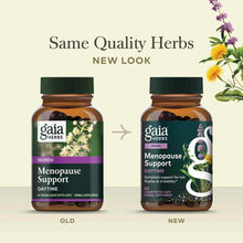 Two amber glass bottles with green caps showing old and new packaging designs for Gaia Herbs Menopause Support Daytime supple