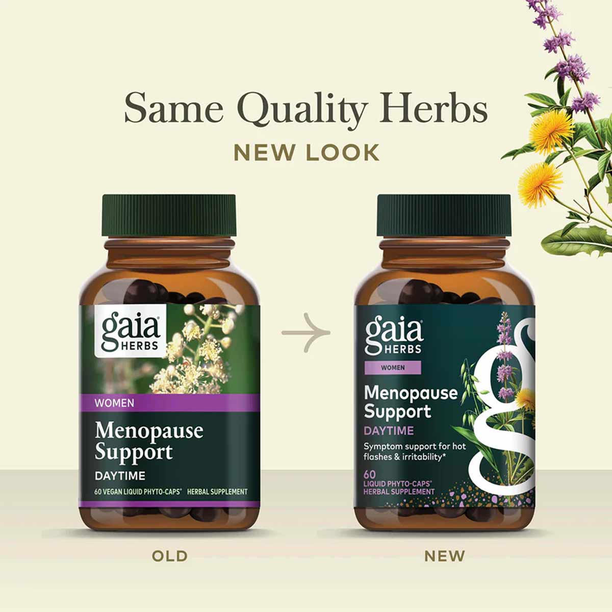 Two amber glass bottles with green caps showing old and new packaging designs for Gaia Herbs Menopause Support Daytime supple