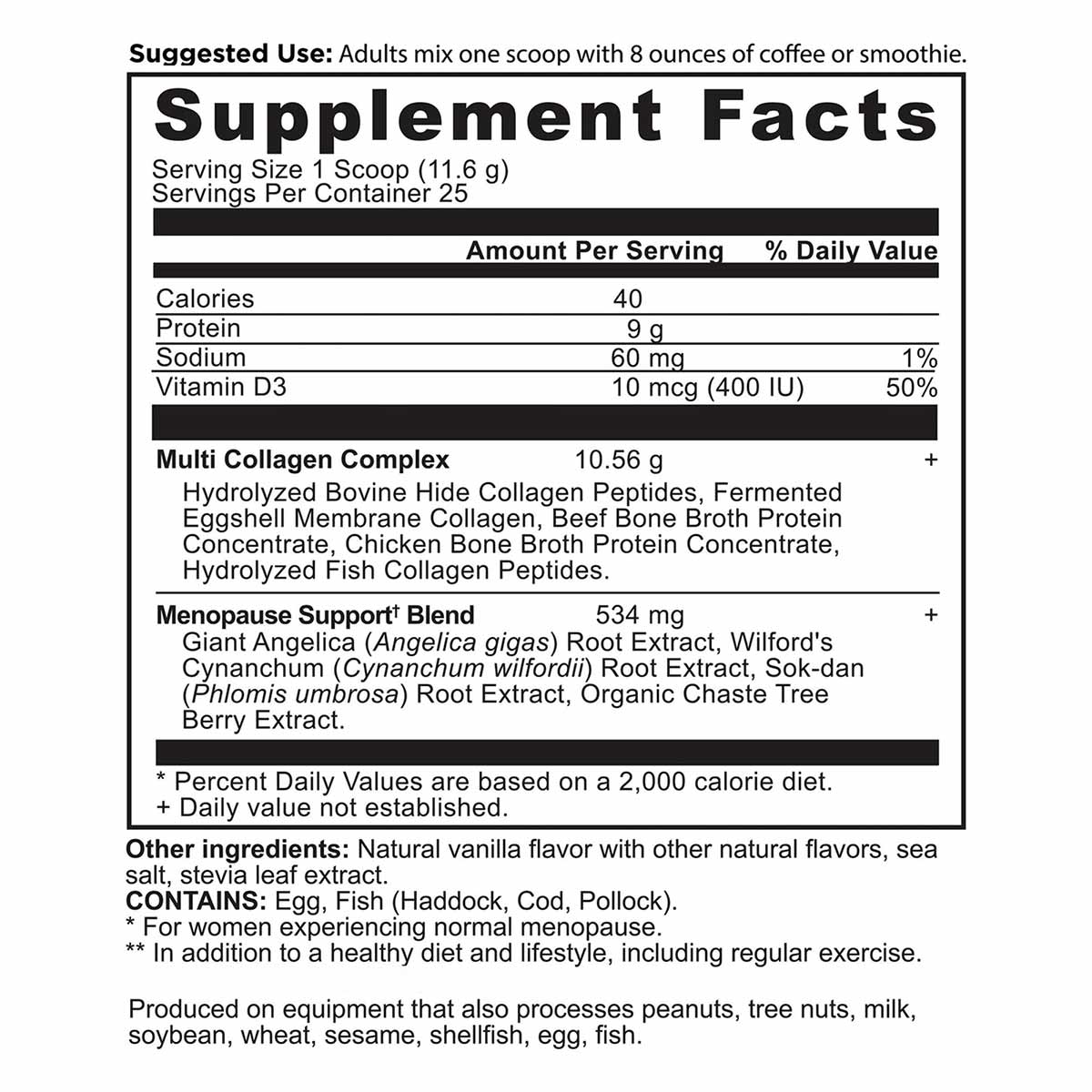 Supplement Facts label showing nutrition information for a powder with collagen, protein, vitamin D3, and menopause support b