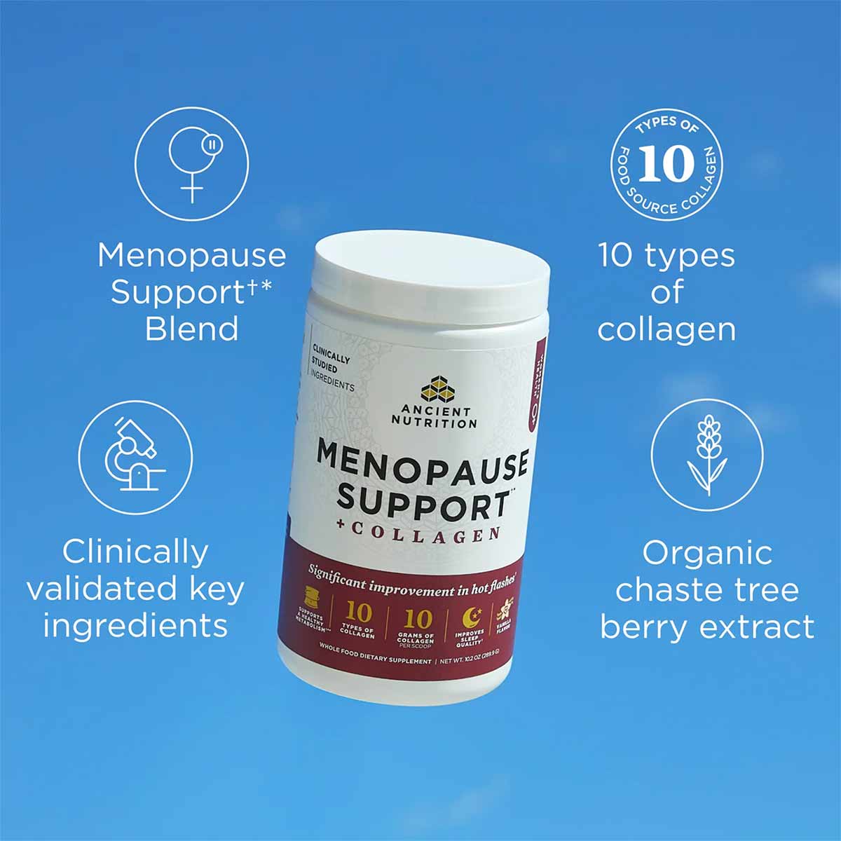White container of Ancient Nutrition Menopause Support + Collagen powder with burgundy label on blue background.
