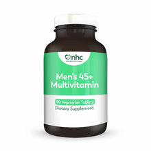 Dark glass bottle with green and white label reading "Men's 45+ Multivitamin" containing 90 vegetarian tablets.