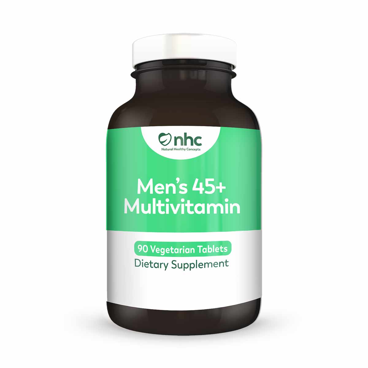 Dark glass bottle with green and white label reading "Men's 45+ Multivitamin" containing 90 vegetarian tablets.