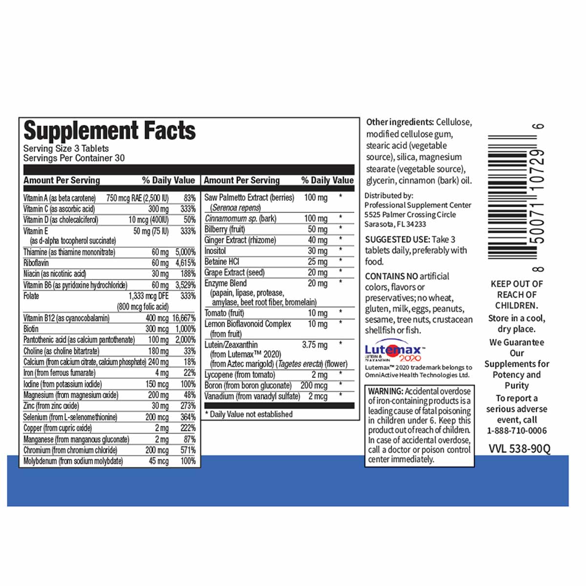 Supplement Facts label for men's 45+ multivitamin showing serving size of 3 tablets with 30 servings per container and detail