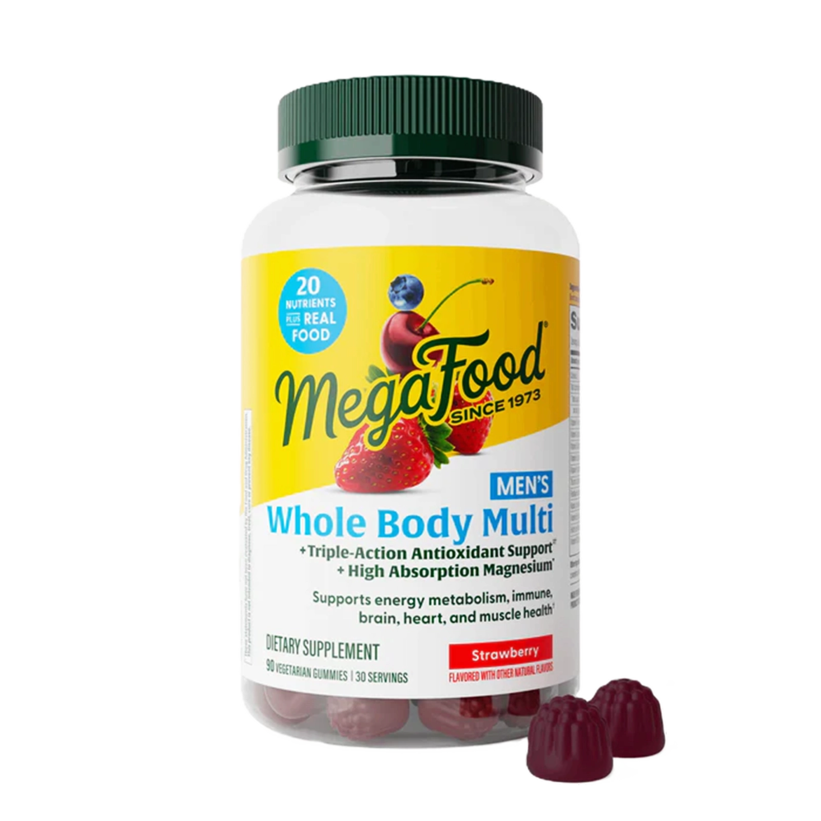 Megafood Men's Whole Body Multi bottle with green cap and strawberry-flavored gummies displayed in front.