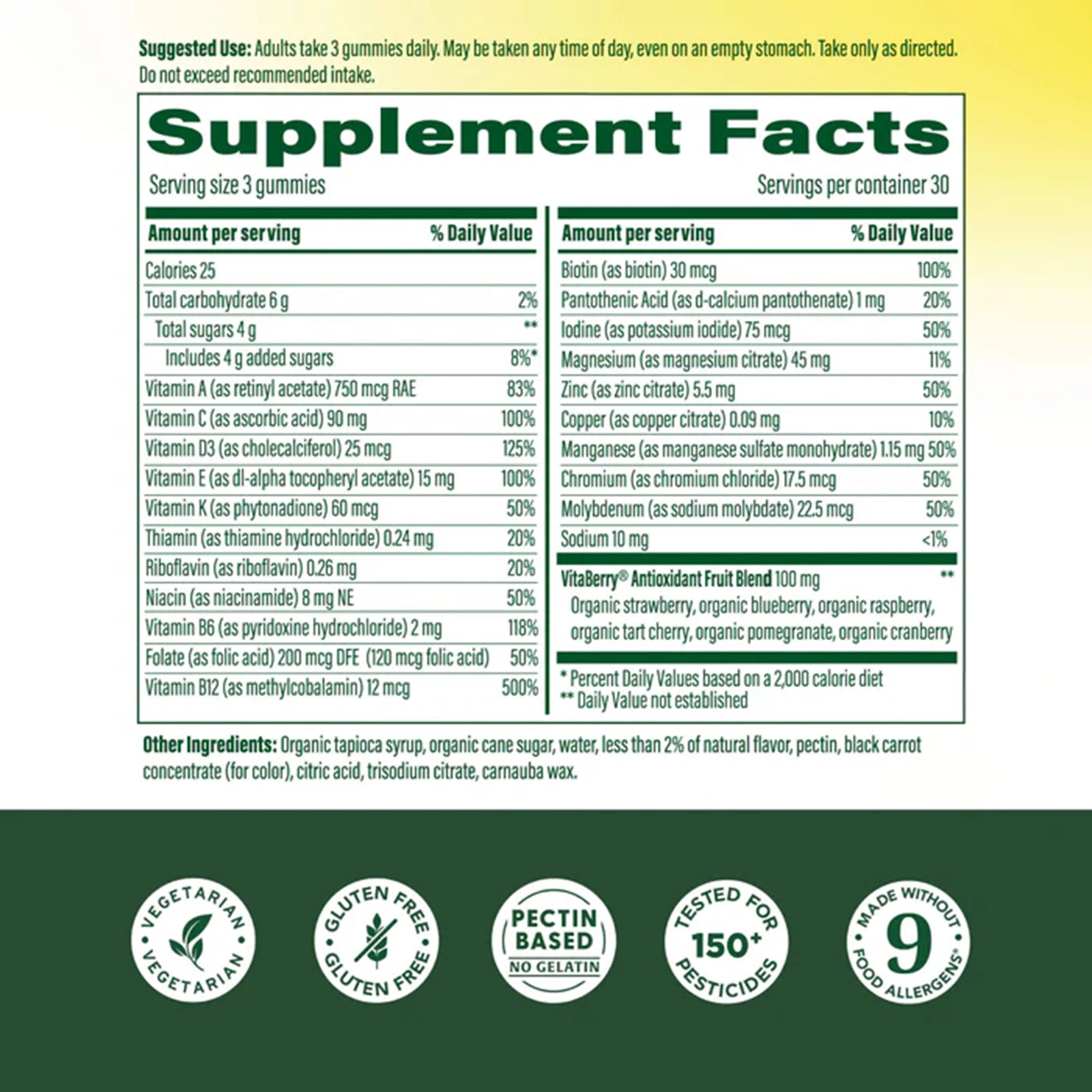 Supplement Facts label for Megafood Men's Whole Body Multi gummies showing vitamins, minerals, and ingredients with certifica
