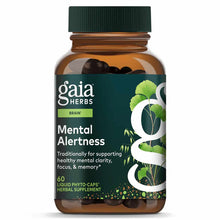 Gaia Herbs Mental Alertness supplement bottle with green cap and dark liquid capsules visible inside.