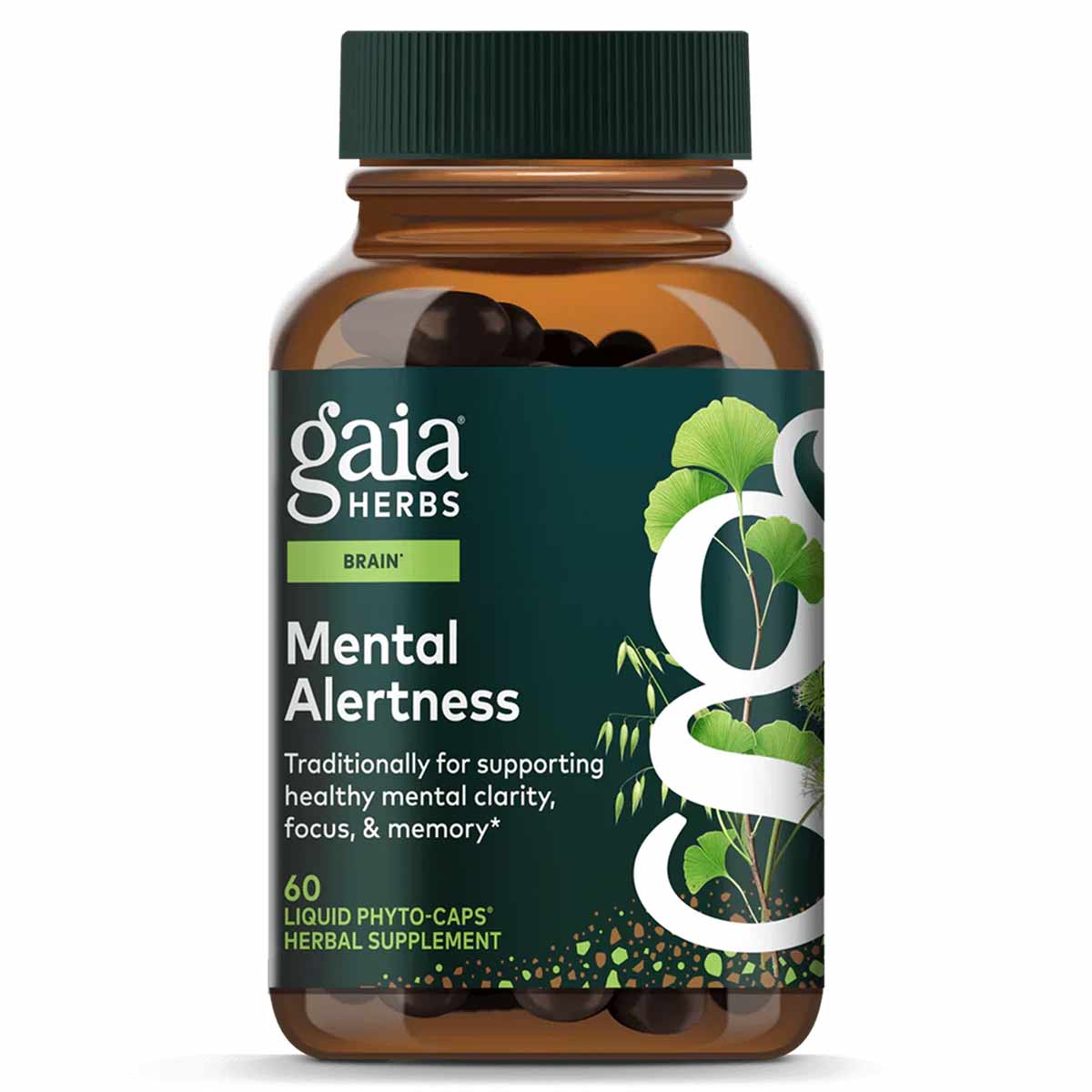 Gaia Herbs Mental Alertness supplement bottle with green cap and dark liquid capsules visible inside.
