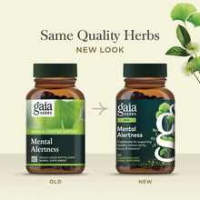 Two brown glass bottles of Gaia Herbs Mental Alertness supplement showing old and new label designs side by side.