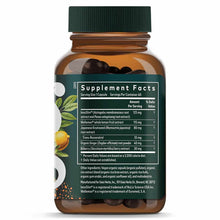 Amber glass bottle with dark green cap containing black capsules, green label with supplement facts and ingredient list.