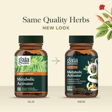 Two Gaia Herbs Metabolic Activator bottles showing old and new label designs, each containing 60 vegan capsules.