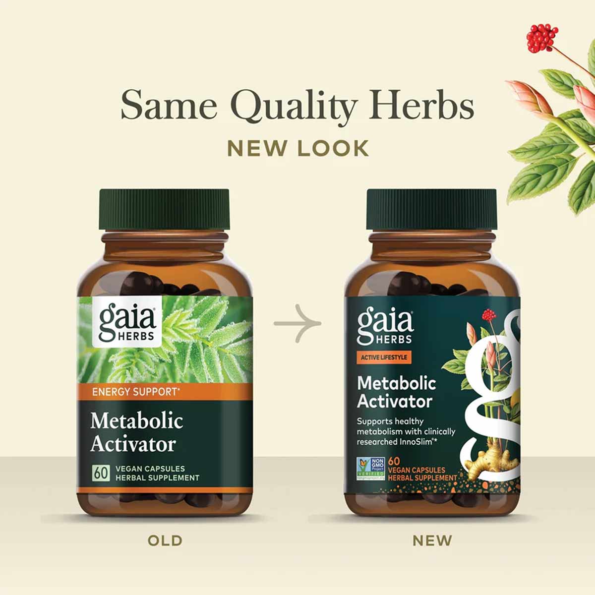 Two Gaia Herbs Metabolic Activator bottles showing old and new label designs, each containing 60 vegan capsules.
