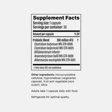 Supplement Facts label for Metabolic Daily probiotic capsules showing 300 million AFU blend per serving.