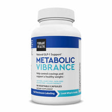 White and blue bottle of Metabolic Vibrance dietary supplement containing 90 vegetable capsules by Vibrant Health.