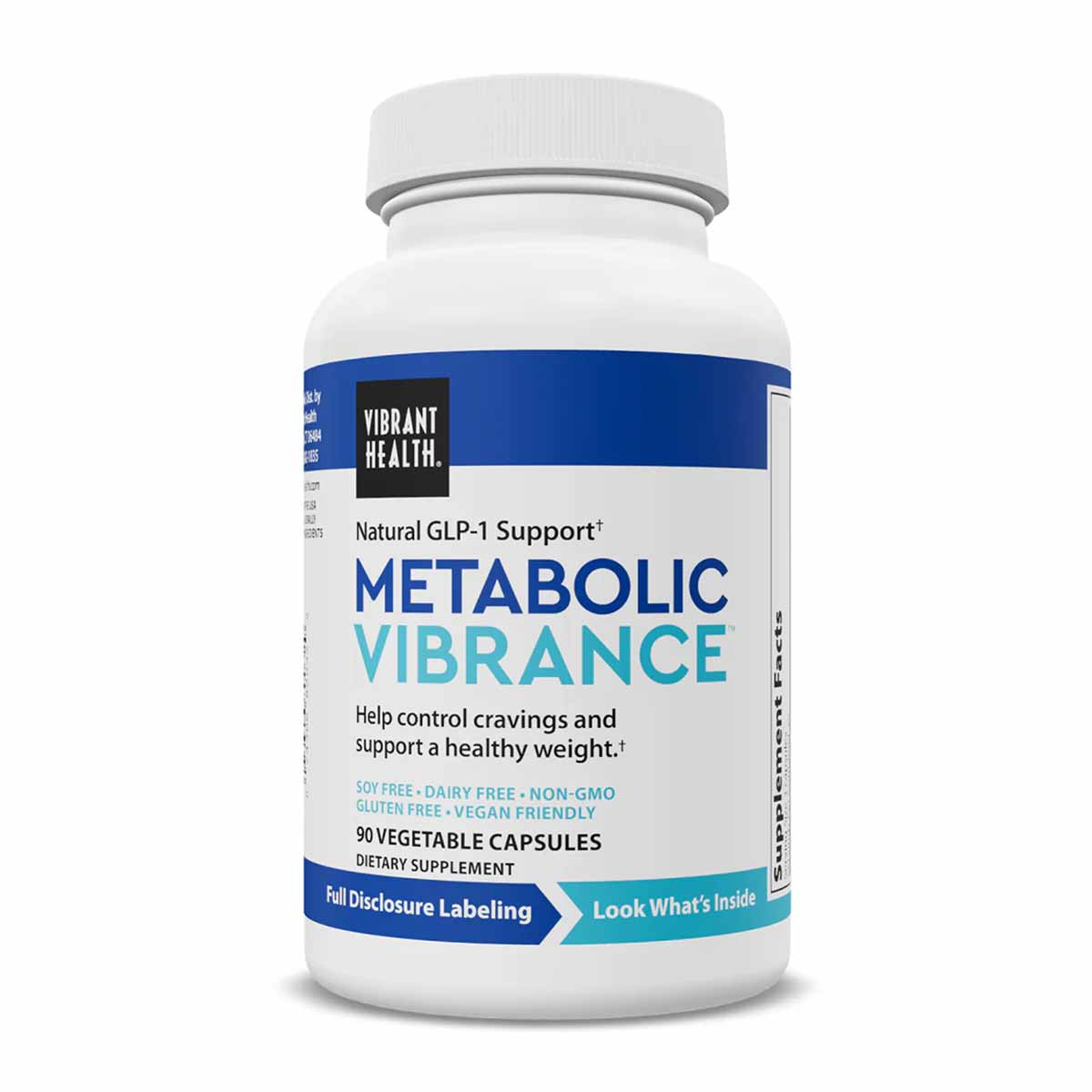 White and blue bottle of Metabolic Vibrance dietary supplement containing 90 vegetable capsules by Vibrant Health.