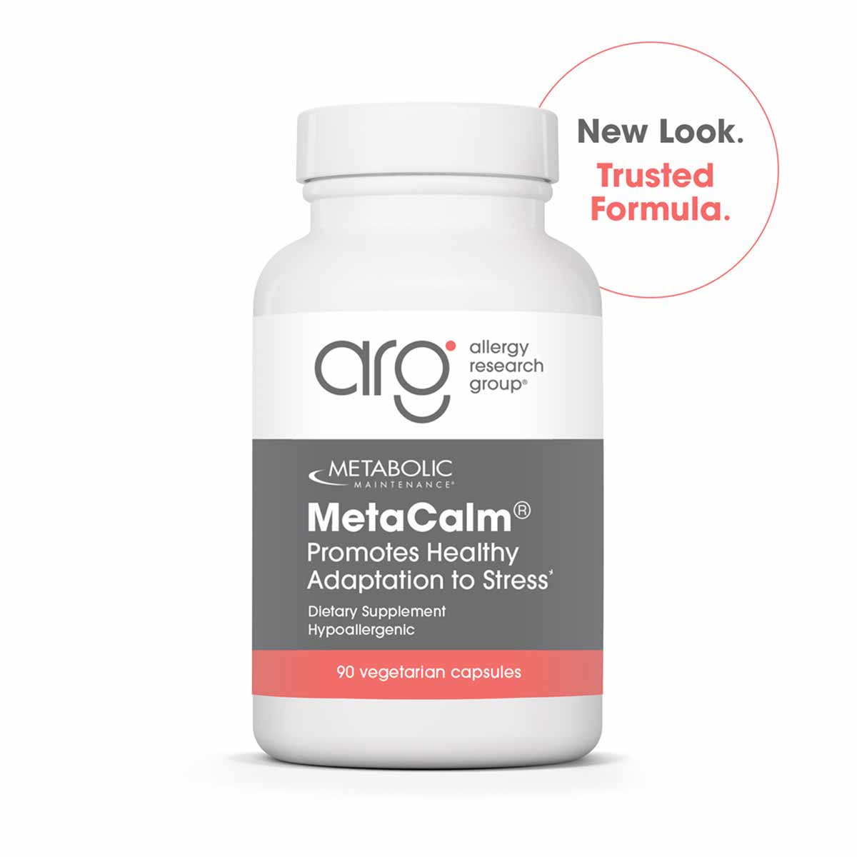 White bottle of MetaCalm by Allergy Research Group containing 90 vegetarian capsules.