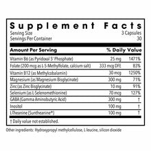 Supplement Facts label for MetaCalm showing ingredients including Vitamin B6, B12, magnesium, zinc, GABA, and L-theanine per 