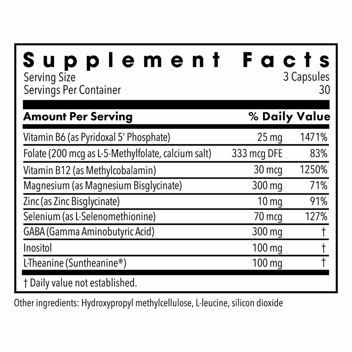 Supplement Facts label for MetaCalm showing ingredients including Vitamin B6, B12, magnesium, zinc, GABA, and L-theanine per 