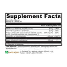 Supplement Facts label listing ingredients including riboflavin, vitamin B6, folate, vitamin B12, and betaine anhydrous per c
