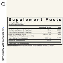 Supplement Facts label for Methylfolate B Complex+ showing serving size of 2 capsules with B vitamins and betaine ingredients