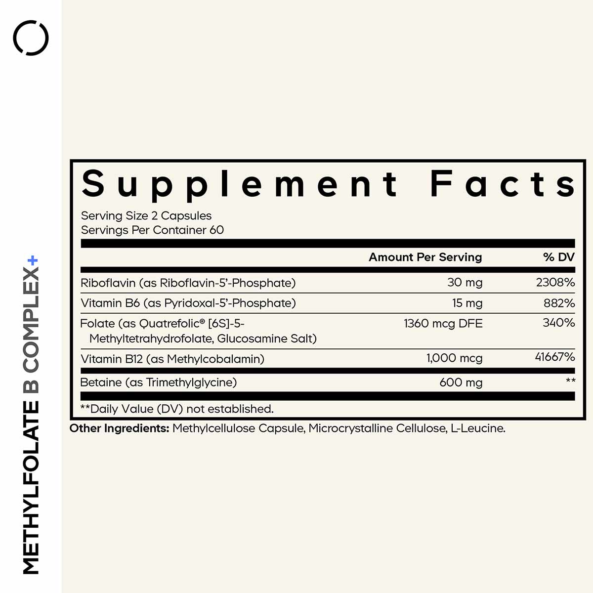 Supplement Facts label for Methylfolate B Complex+ showing serving size of 2 capsules with B vitamins and betaine ingredients