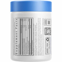 White cylindrical supplement bottle with blue cap and black label displaying "Supplement Facts" and product information.