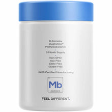 White cylindrical supplement bottle with blue cap labeled B-Complex Quatrefolic Methylcobalamin, 2-month supply.
