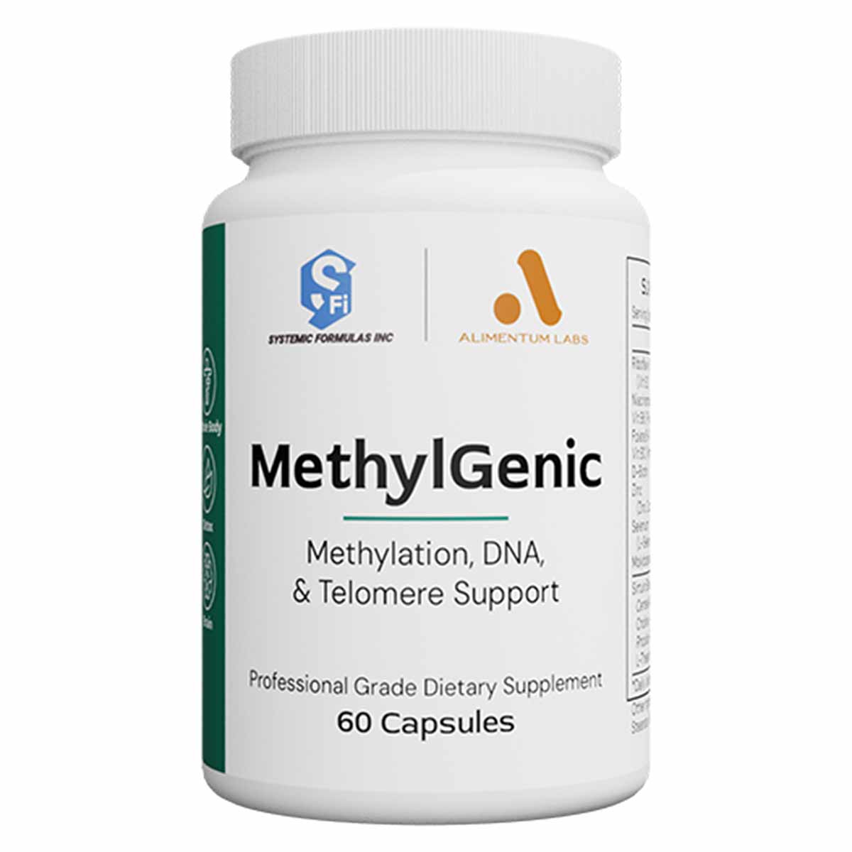 White bottle of MethylGenic dietary supplement capsules by Alimentum Labs with green stripe and logos on label.