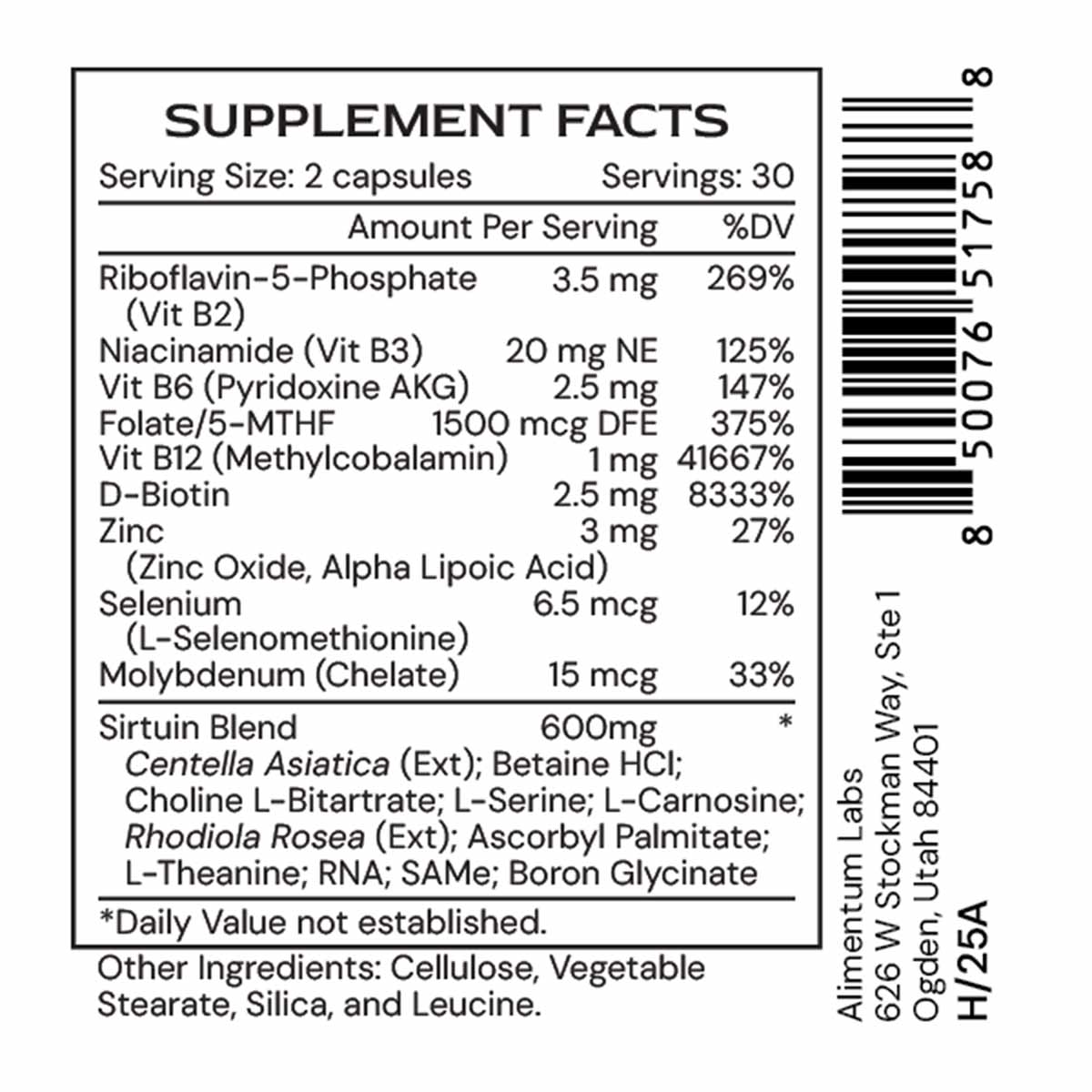 Supplement Facts label for MethylGenic showing serving size of 2 capsules with B vitamins, minerals, and herbal blend ingredi