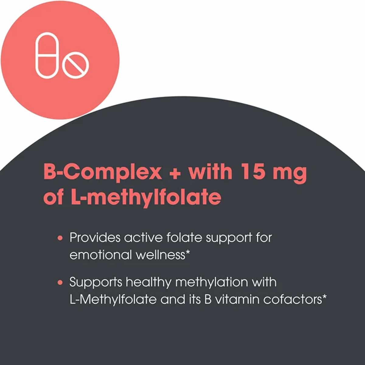 B-Complex + 15 mg L-Methylfolate supplement product information graphic with pill icons and benefit text on dark background.