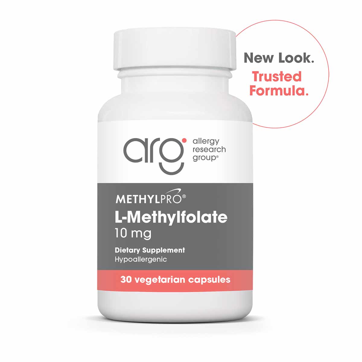 White bottle of MethylPro L-Methylfolate 10 mg dietary supplement by Allergy Research Group containing 30 vegetarian capsules