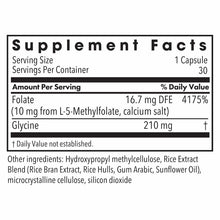 Supplement Facts label showing L-Methylfolate 10 mg per capsule with serving size of 1 capsule and 30 servings per container.