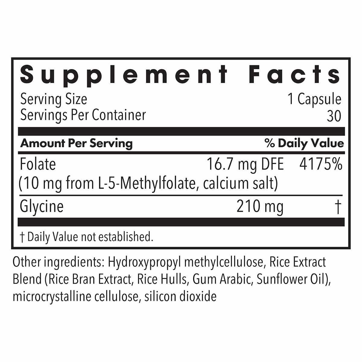 Supplement Facts label showing L-Methylfolate 10 mg per capsule with serving size of 1 capsule and 30 servings per container.