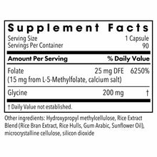 Supplement Facts label showing MethylPro L-Methylfolate 15 mg serving information, 90 capsules per container.