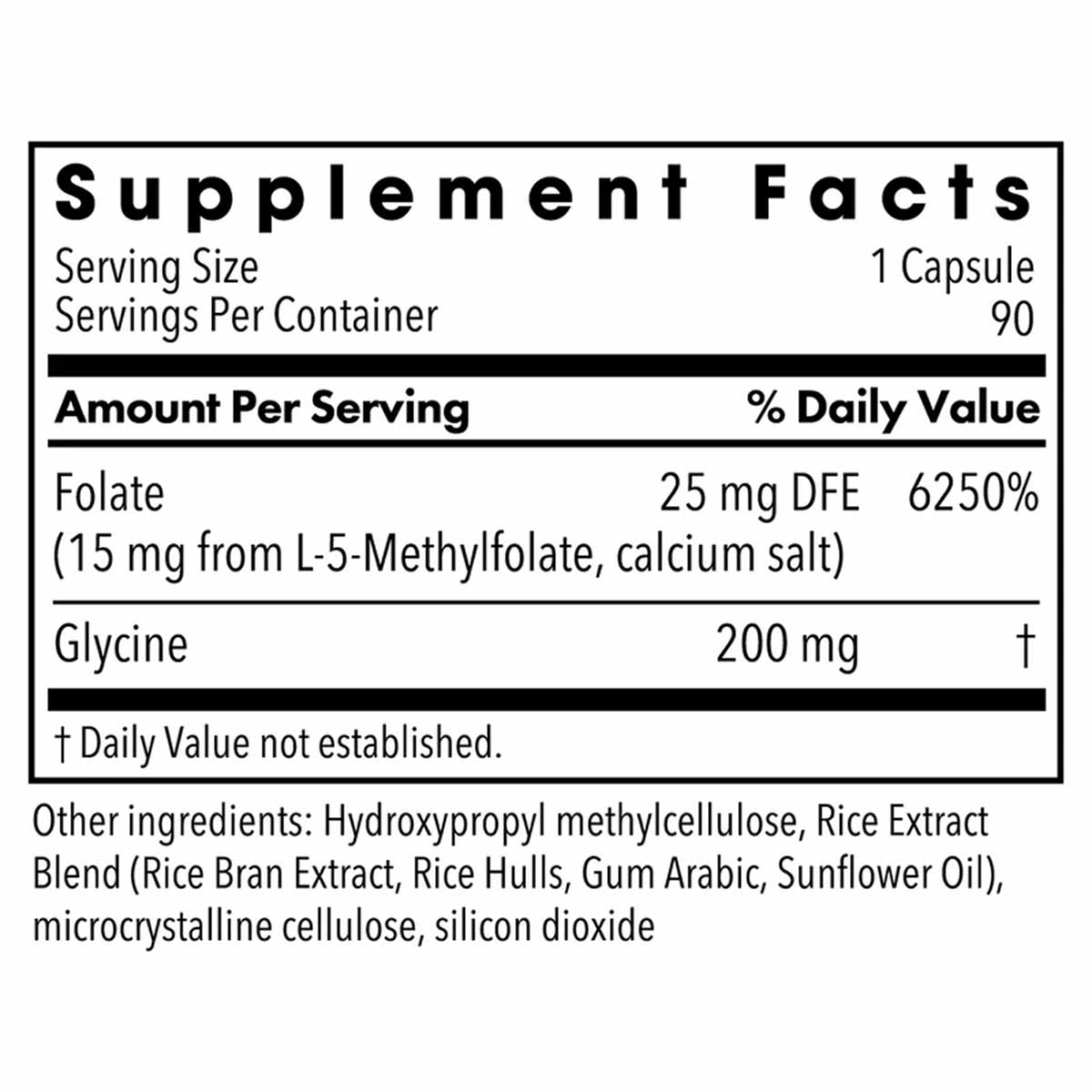 Supplement Facts label showing MethylPro L-Methylfolate 15 mg serving information, 90 capsules per container.