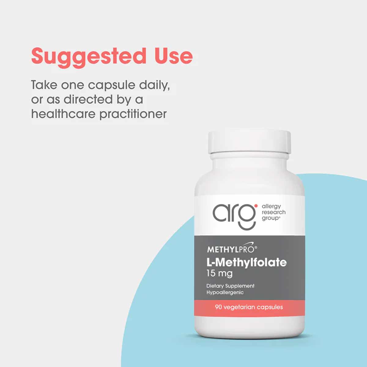 White bottle of MethylPro L-Methylfolate 15 mg by Allergy Research Group containing 90 vegetarian capsules.