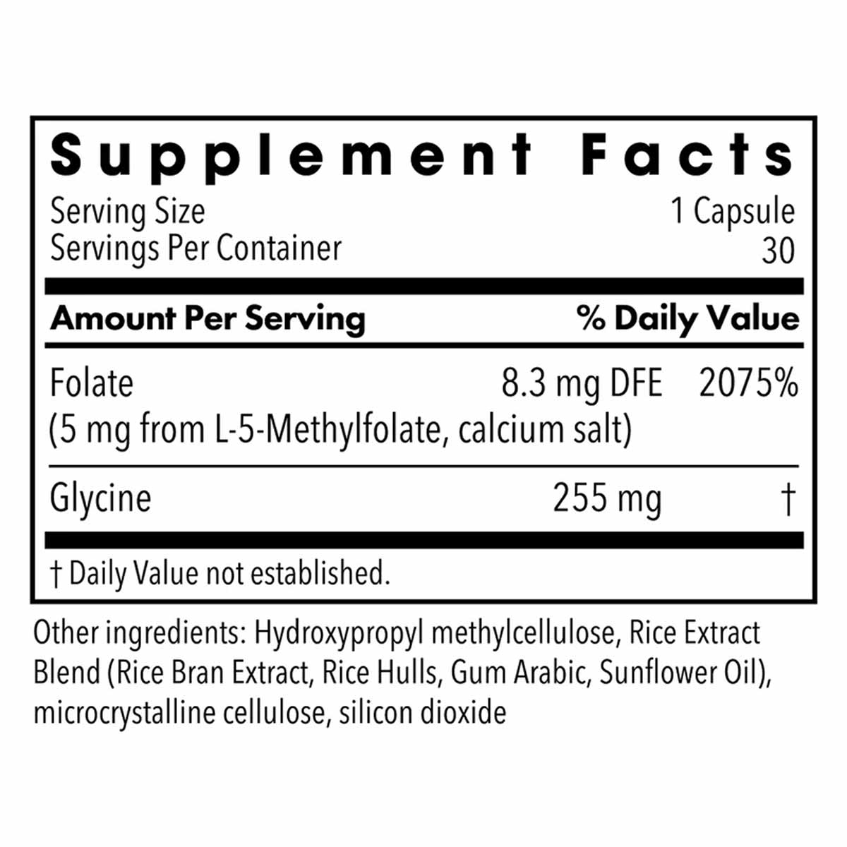 Supplement Facts label showing L-Methylfolate 5 mg per capsule with 30 servings per container.