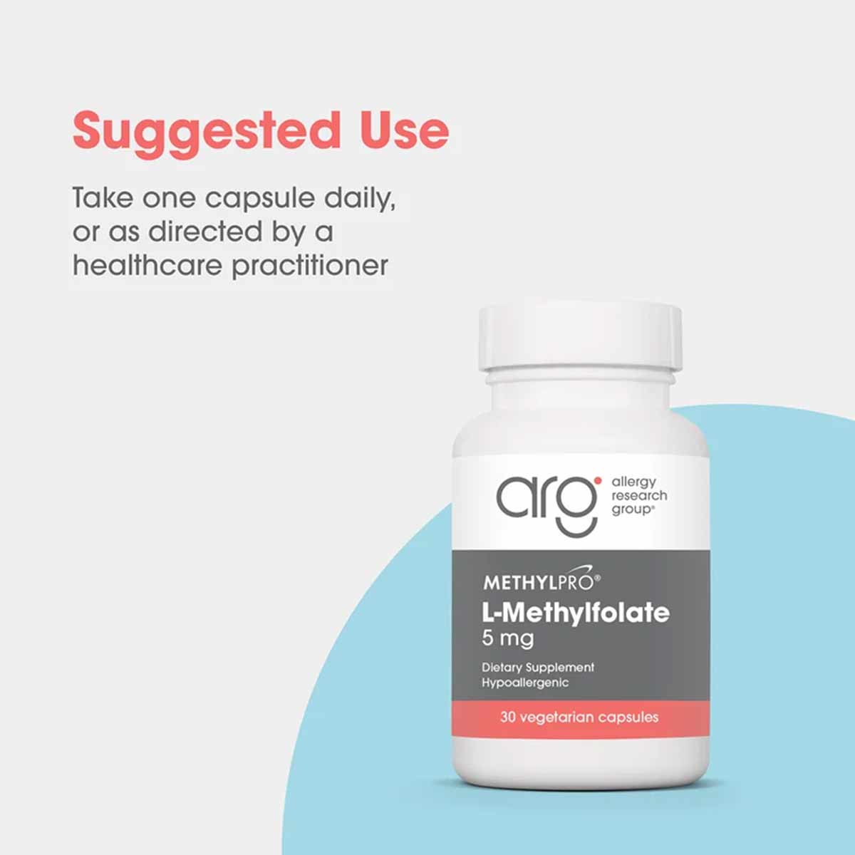 White bottle with gray and red label showing L-Methylfolate 5 mg by Allergy Research Group, 30 vegetarian capsules.