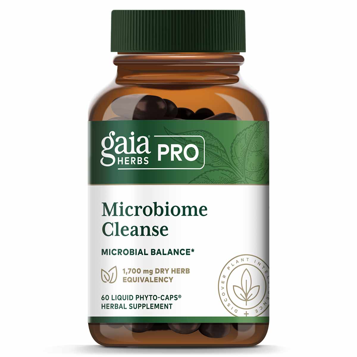 Gaia Herbs Pro Microbiome Cleanse bottle with green cap containing black liquid phyto-capsules.