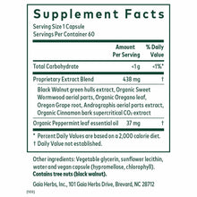 Supplement Facts label for Microbiome Cleanse capsules listing ingredients including black walnut, wormwood, oregano, and pep