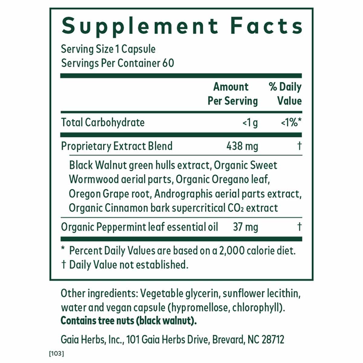 Supplement Facts label for Microbiome Cleanse capsules listing ingredients including black walnut, wormwood, oregano, and pep