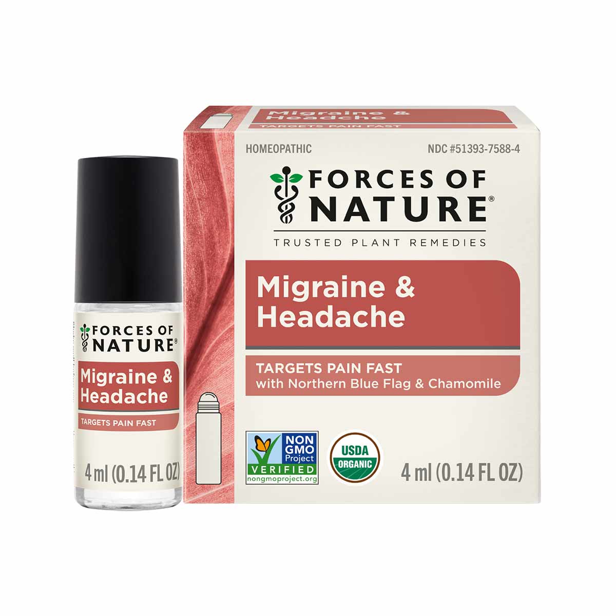 Clear roll-on bottle with black cap next to cream and red cardboard box labeled "Migraine & Headache" by Forces of Nature.