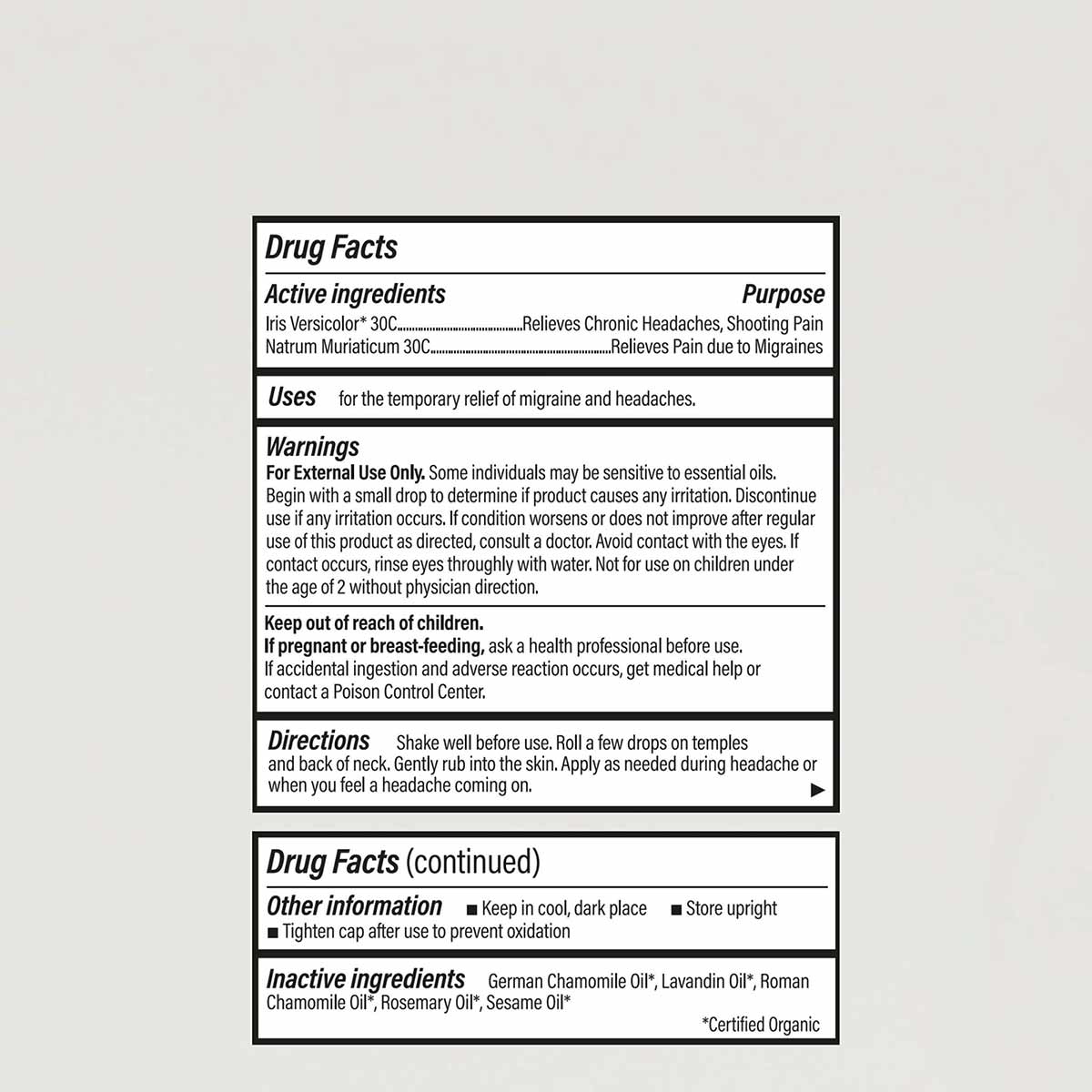Drug facts label for migraine and headache roll-on product with active ingredients, uses, warnings, and directions on white b