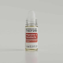 Small clear glass bottle with white roller ball applicator and red label reading "Migraine & Headache" by Forces of Nature, 4