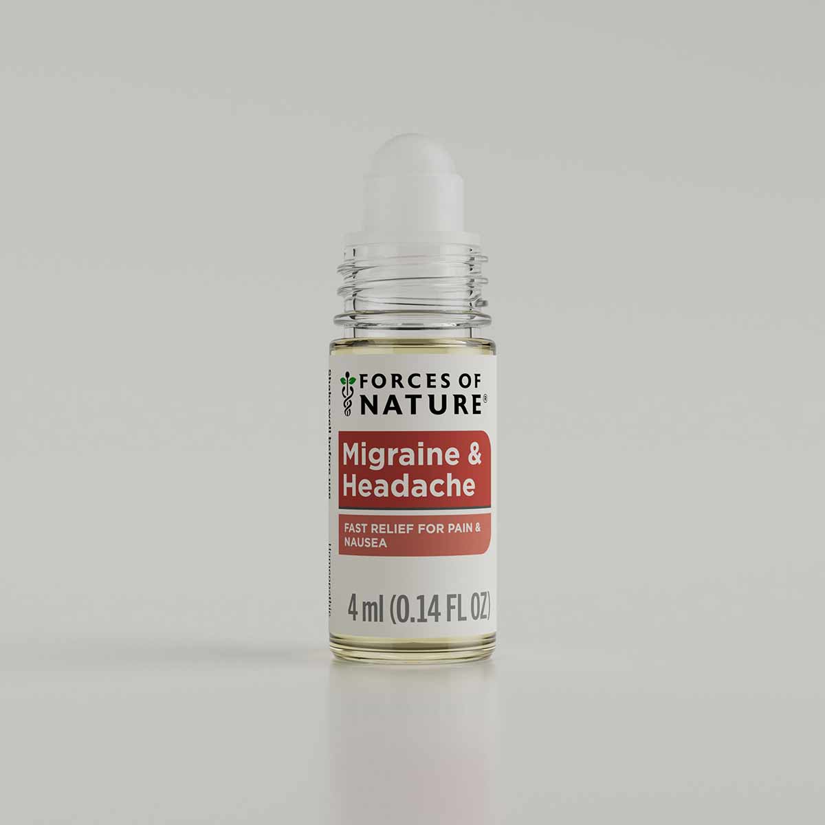 Small clear glass bottle with white roller ball applicator and red label reading "Migraine & Headache" by Forces of Nature, 4
