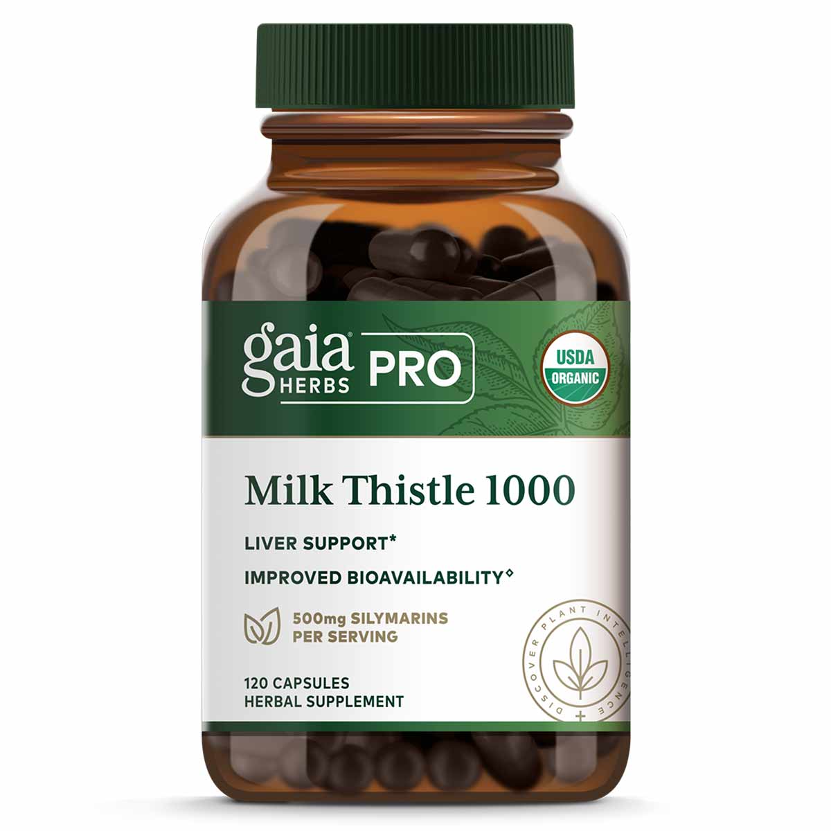Brown glass bottle with green cap containing black capsules, labeled Milk Thistle 1000 by Gaia Herbs Pro.